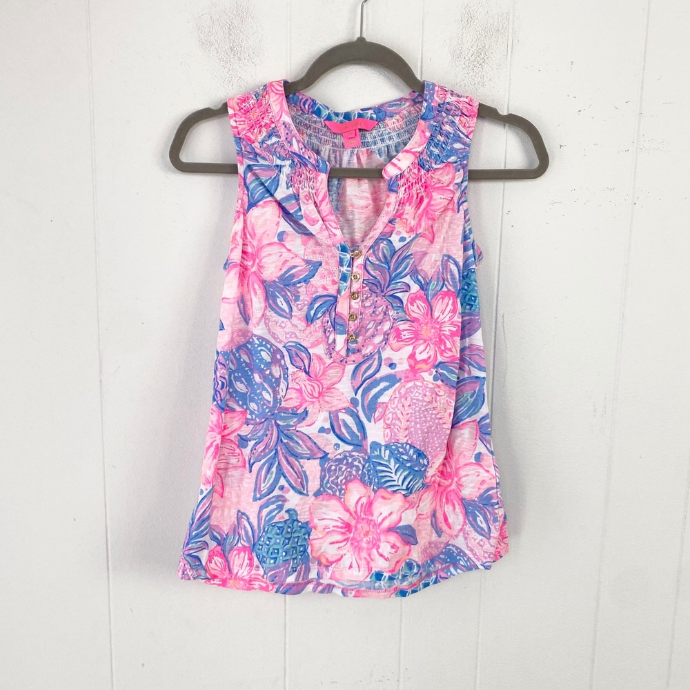 Lilly Pulitzer Pink Blue Floral Pineapple Cotton Sleeveless Button Top XS 001454